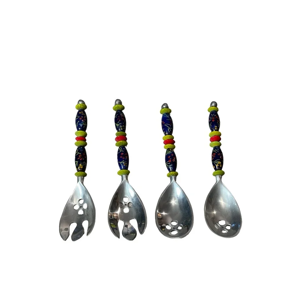 Boho Stainless Steel Salad Servers Set 4 Ceramic Beaded Handles Floral Blue 9.5